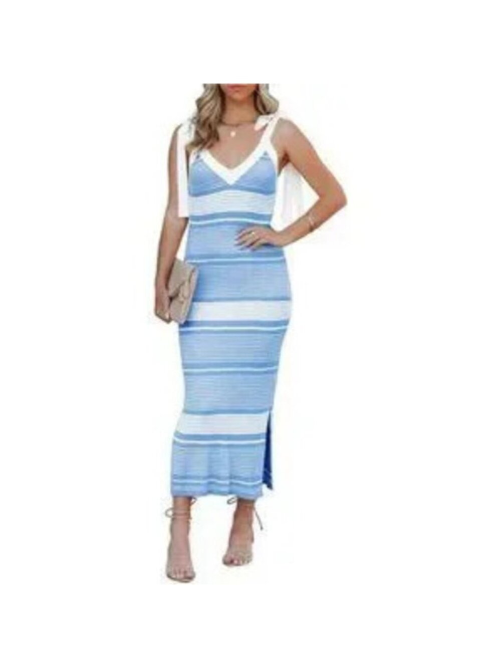 Women's Summer Midi Bodycon Sweater Dress Striped Knit Sleeveless Dress